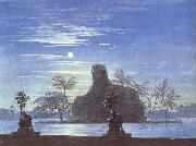 Karl friedrich schinkel The Garden of Sarastro by Moonlight with Sphinx,decor for Mozart-s opera Die Zauberflote Germany oil painting artist